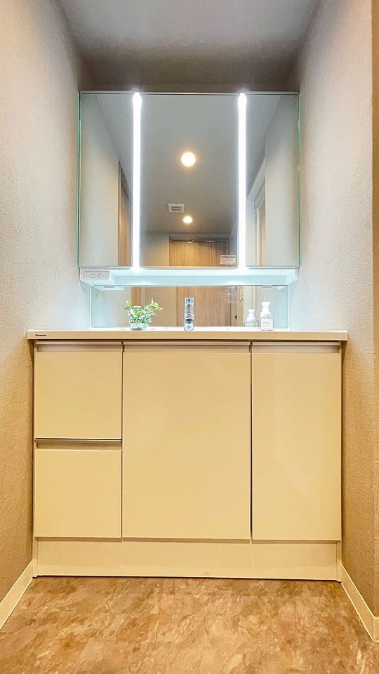 洗面台には三面鏡を採用。身だしなみを整えやすい事はもちろんですが、鏡の後ろに収納スペースを設ける事により、散らかりやすい洗面スペースをすっきりさせる事が出来ます!