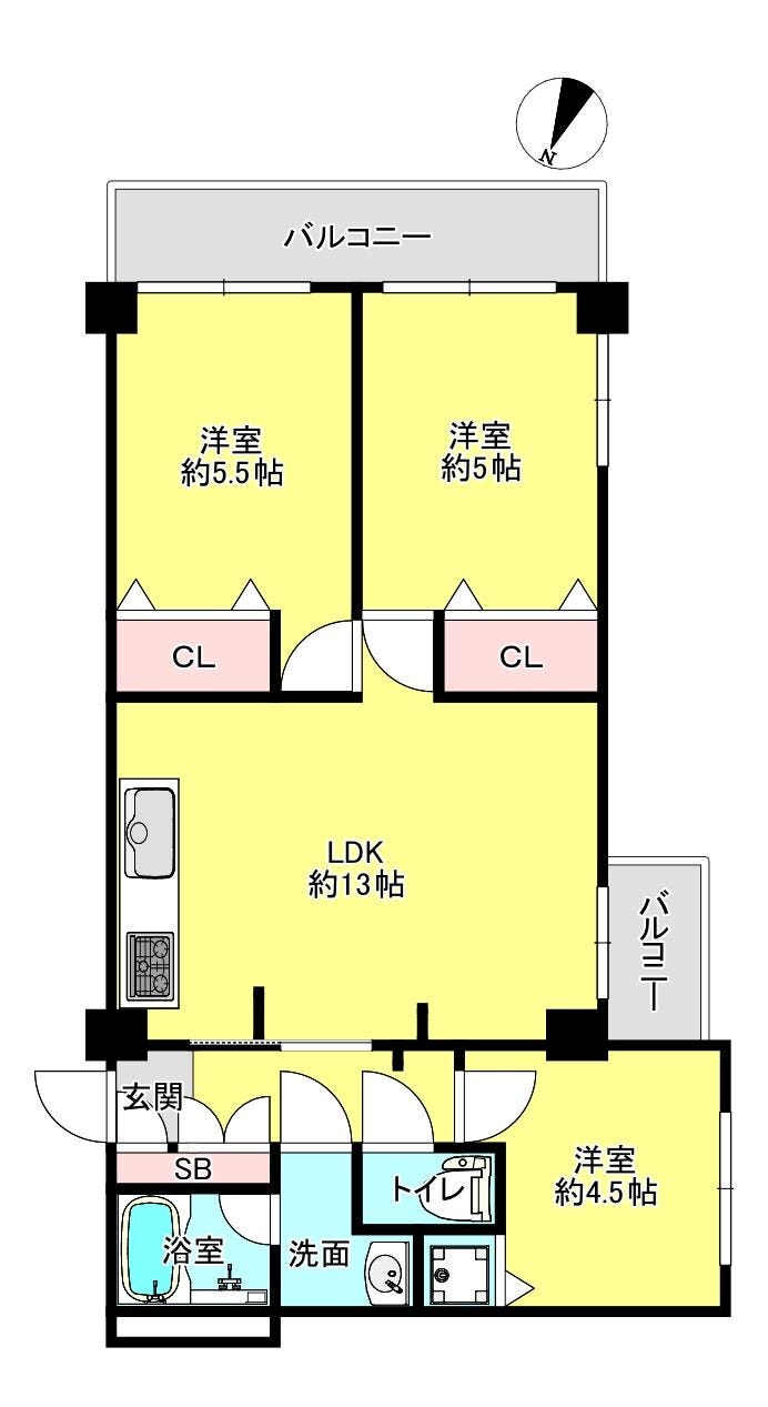 【間取り】
ベランダ南向き
サービスバルコニー
