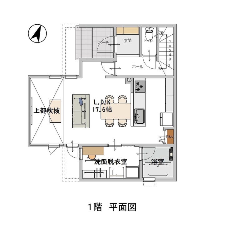 ◆建築プラン例(1階間取り図)
17帖以上のリビングで家族の時間が共有できます♪