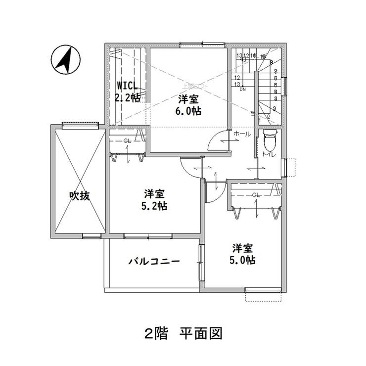 ◆建築プラン例(2階間取り図)
各居室にクローゼットまたはウォークインクローゼットを完備した3LDKの間取りも可能です!
