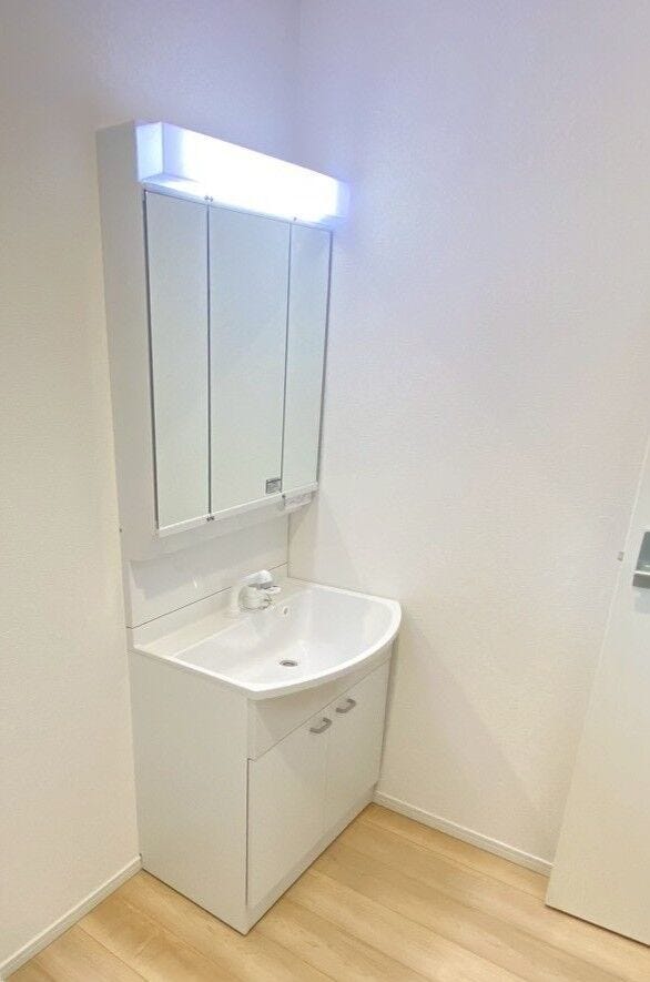 鏡の裏が収納になっているシャワー付きの洗面台です。