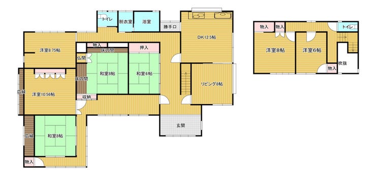 【間取り】
和室3部屋+広々LDKを備えた、ゆとりある間取り。
二世帯や大家族でも快適に暮らせる、部屋数豊富な住まいです。
広縁や続き和室など、昔ながらの落ち着きと開放感も魅力。
