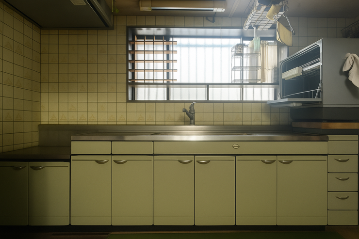 窓があり、暖かな陽が差し込みます。使い勝手の良いシステムキッチン。※実際の写真から生活用品を消すCG加工をしています。