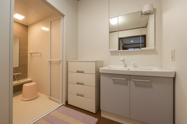 ◆三面鏡にハンドシャワー付き。使いやすい洗面台です。
【画像がAI加工により荷物等を消去しています】