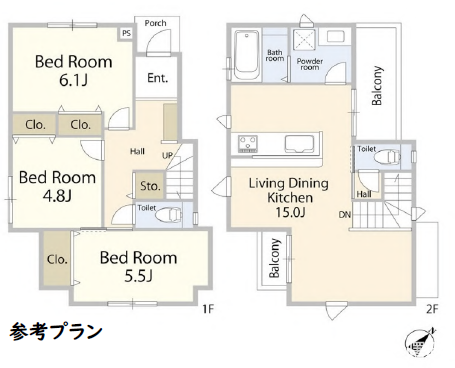 参考プラン
参考建物本体価格1980万円※外構工事・地盤改良・水道管引込費用は除く