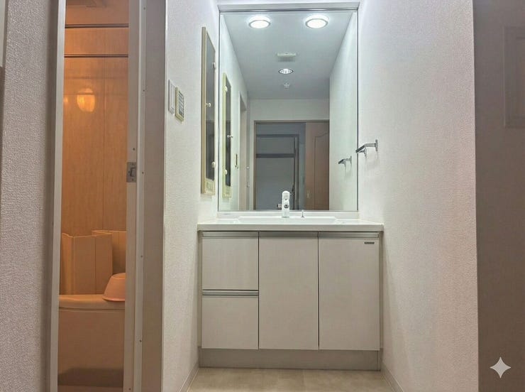 天井まで届く大きな一枚鏡が目を引く独立洗面台。空間をより広く明るく見せてくれるだけでなく、朝の忙しい時間帯にご家族が並んで身支度をする際にも大変便利です。