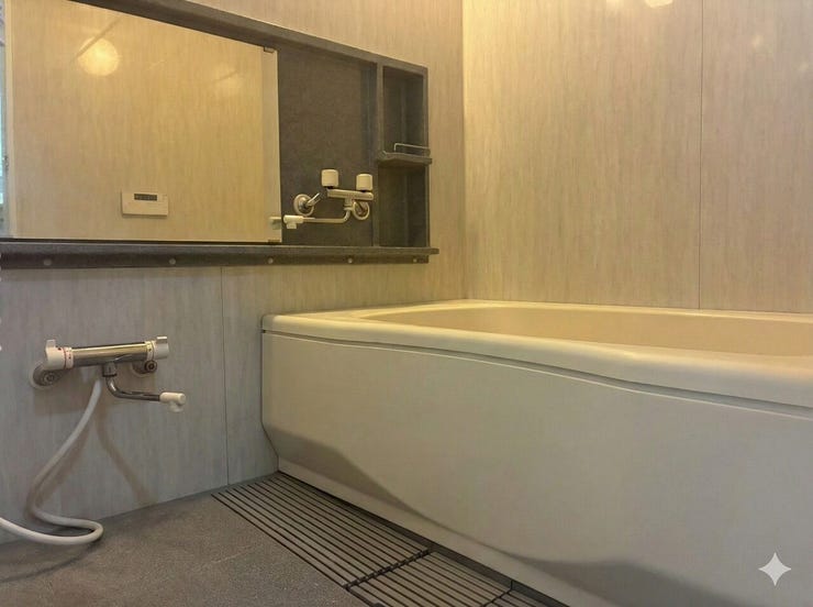 大きな横長ミラーで空間広々。1日の疲れを癒やすゆとりのバスルーム!