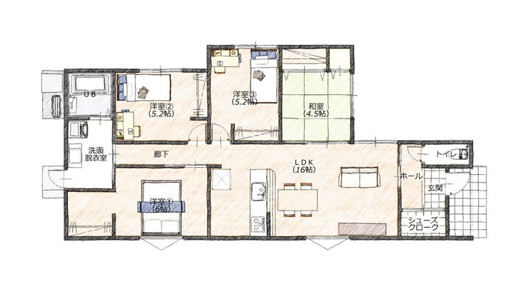【間取り】
4LDKの平屋です。4.5帖の和室は扉を開くと、LDKの一部として使用することができます。
脱衣室には勝手口が付いており、洗濯物を外に干したり、汚れて帰ってきた際は直接お風呂に行ける間取りです。