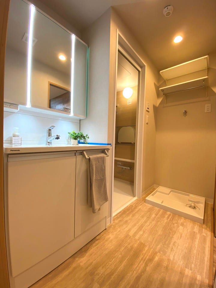 収納豊富な三面鏡の洗面化粧台。シャワー機能付きで衣類の手洗いや洗髪に活躍します。