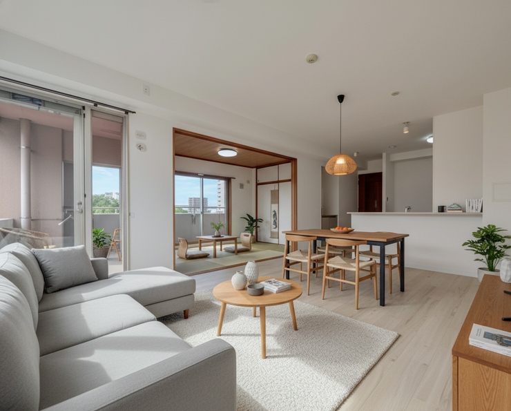 隣接する部屋のドアを開けておくことでより広い空間になります。家具配置のイメージ画像になります。