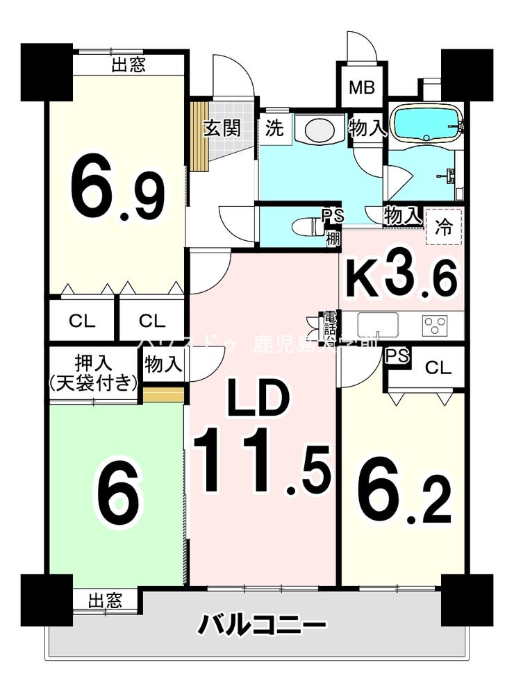 【間取り】
ファミリータイプの3LDK、専有面積76.22㎡、バルコニー面積15.21㎡