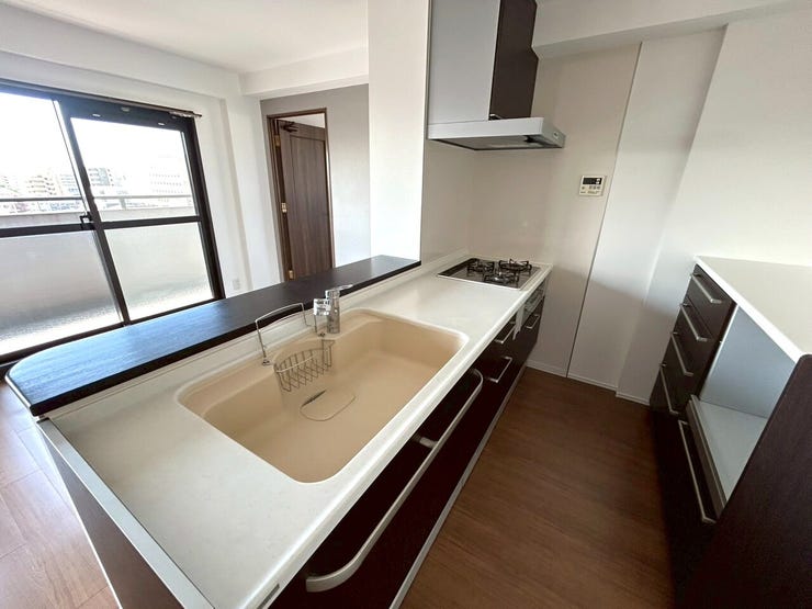 キッチンの背面には広さのある収納が備わっており、食品や食器、調味料入れとして重宝しそうです◎