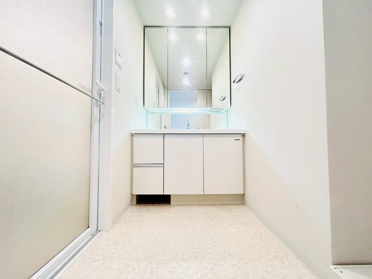 ミラー扉の内側が収納スペースになっていて、洗面周りがスッキリします!