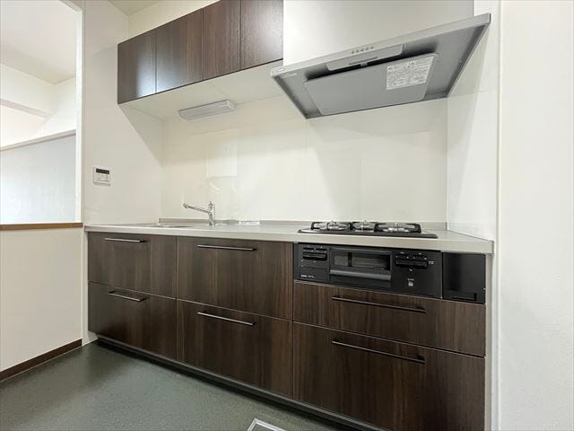 キッチン後方に壁があり、収納家具を配置しやすいキッチンです。お料理をしながらリビングの様子を伺えます。(2025年9月18日 撮影)