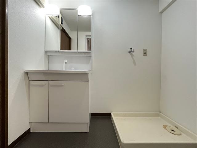 3面鏡の裏も収納になっているので、小物を収納して清潔にお使いいただけます。洗面台横にもスペースがあり、収納を置くこともできます。(2025年9月18日 撮影)