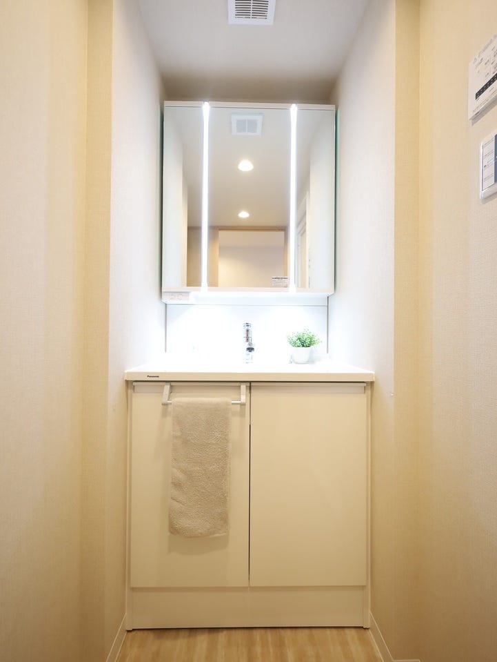 横顔も後ろ姿も、三面鏡でしっかりチェック。毎日の“キレイ”を叶える、頼れる洗面台です。