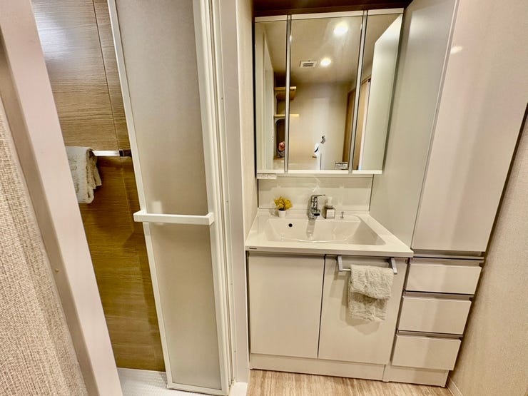 3面鏡裏も収納になっているのでお化粧品や洗剤のストック等たくさん収納できますよ。見せない収納でお洒落な空間へ。