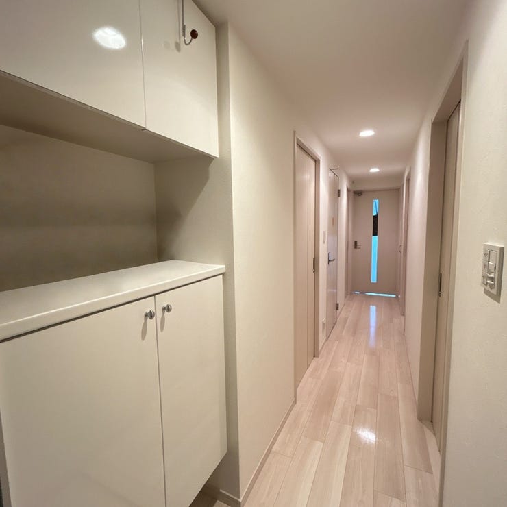 玄関から廊下。ダウンライトですっきりとした廊下。シューズボックスも完備しており、玄関回りもすっきり。棚にはお子様の作品や綺麗なお花を飾ってもおしゃれですね!