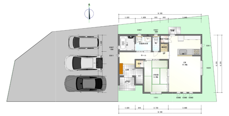 土地は矩形(長方形)ではありませんが、建物+普通車3台の駐車スペースは十分に確保できます。
本プランは、建築面積55.48m2
本プランのハウスメーカーをご紹介できます