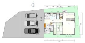 【間取り図】
土地は矩形ではありませんが、建物＋普通車３台の駐車スペースは十分に確保できます。
本プランは、建築面積55.48m2