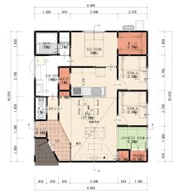 【間取り図】
17帖超えの広々LDKを中心に、家族が自然と集まる空間設計。
キッチン横には便利なパントリーを、配置し食材や日用品をすっきり収納できます。
さらに、サンルーム付きで毎日の家事も快適に。