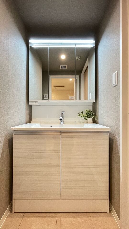 ミラーの後ろにも小物の収納に役立つキャビネットを備えています。家族全員分の歯磨きやスキンケア用品もすっきりと片付けられそうですね