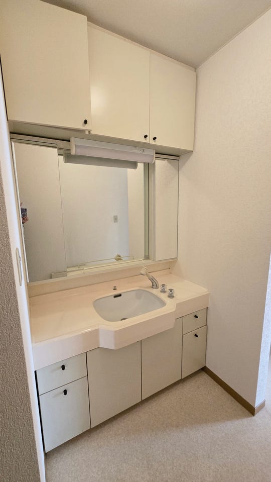 三面鏡付きの洗面化粧台。幅の広い大きな鏡は、身支度や洗顔に便利です。豊富な収納スペースで、洗面用具やタオル類をすっきりと整理できます。