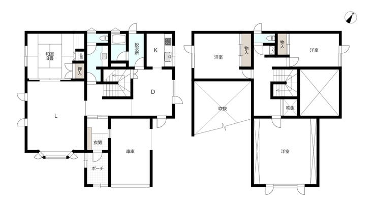 【間取り】
敷地面積約99坪、建物面積約46坪。一階と二階をつなぐ吹抜けが二カ所あり、光を取り込み明るく広々としたLDKです。家族構成の変化にも対応しやすい間取り。