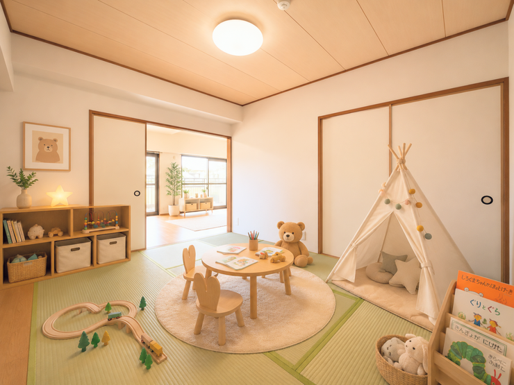 リビングとつながる畳敷きのお部屋は、
お客さまが遊びに来た時にも使えますし、
ちょっと疲れた時にお昼寝できるのもうれしいですね。