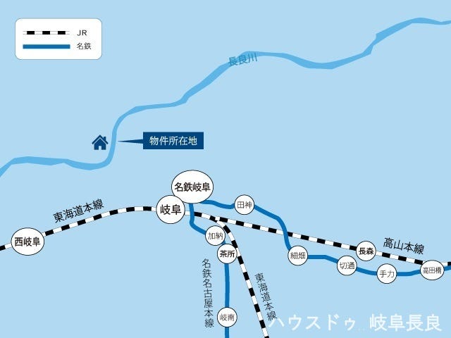 岐阜バス「大縄場大橋西」停まで徒歩約5分、JR「岐阜」駅まで車で約12分、「西岐阜」駅まで車で約8分。