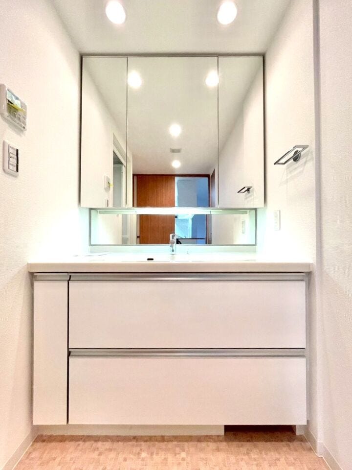 三面鏡付き洗面台は合わせ鏡ができるので、後ろの髪型までチェックできます♪