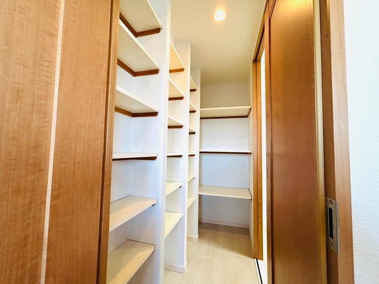 パントリーは複数の棚があり、食品以外にも、調理家電の収納に役立ちそうです。