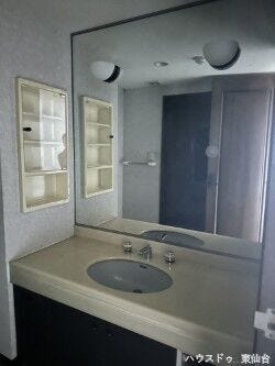 とても大きな鏡で、広々と洗面台を使えますね!