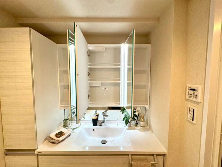 【Washroom】すっきりとしたデザインで、毎日の生活が快適に。収納も豊富な洗面所です。