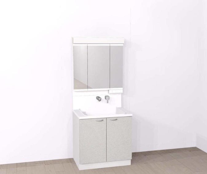 ハウステック製洗面化粧台
お手入れしやすい排水口と壁付水栓で家事ラク。三面鏡裏・キャビネット収納つき。