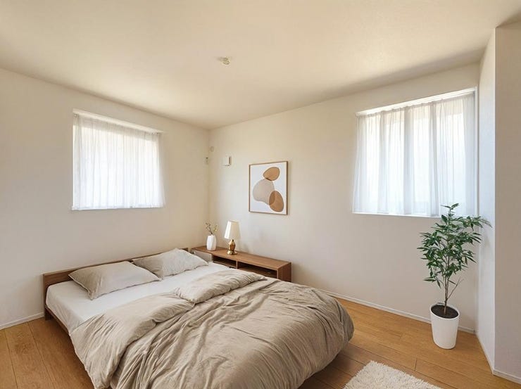 居室(7.5帖)+WIC
ベッドをつなげて置いて、家族みんなでお休みもできる広さです。2方向に窓を設けることで風通しが良く、効率的な換気が可能に。