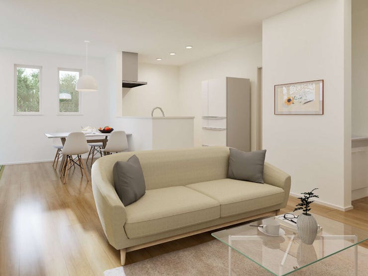 キッチンと水まわりをひとまとめに配置し、効率的な家事動線に。ドライルームはキッチン側とリビング側の2方向から出入りでき、ぐるりと回れる回遊プランで毎日の家事がぐっとラクになります。