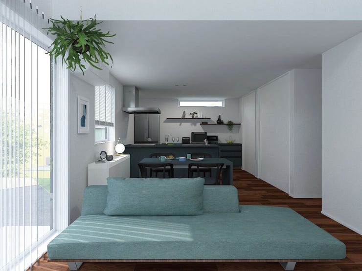 一直線にレイアウトしたLDKは、視線が抜けて開放的。調理から食事、くつろぎまでがスムーズにつながります。シンプルでスタイリッシュな空間設計です。