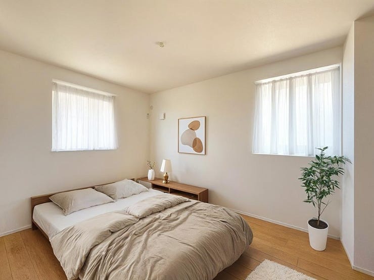 居室(7帖)+WIC
ベッドをつなげて置いて、家族みんなでお休みもできる広さです。2方向に窓を設けることで風通しが良く、効率的な換気が可能に。