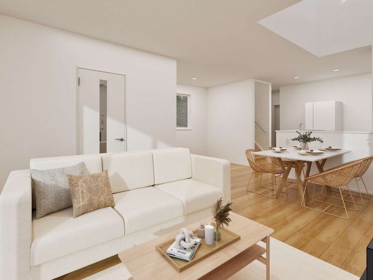 3面に窓を設けたことで光がたっぷり入り、吹き抜けと合わさって実際以上に広がりを感じられる、明るく開放的なLDKです。