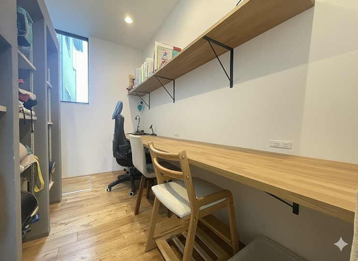 【study room】
リビングには、勉強や仕事、趣味等に使える、「おこもり」スペースがあります♪カフェのようなスペースで集中力とやる気もUPしそうです^^