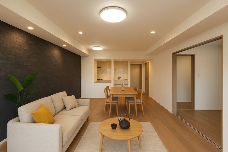 【リビング】
17.7帖の広々リビングは南向きで心地良い明かりが入って来ます♪電気が無くても快適にお過ごしいただけます◎
※AIでインテリアを配置したイメージ図です