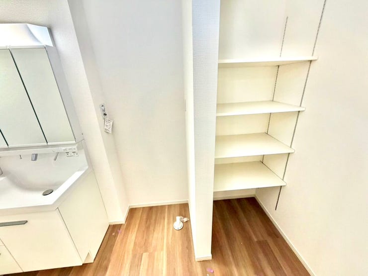 洗面所には棚が付いていて、タオルや服を置くのに便利です。