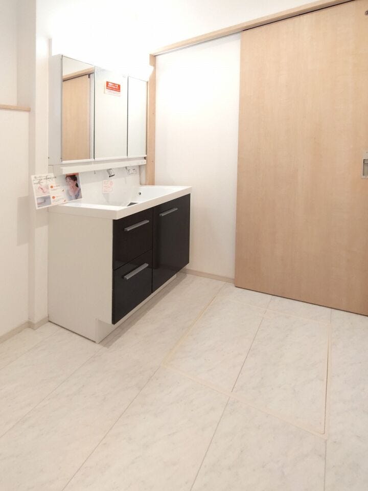 身支度に便利な三面鏡と、足元までたっぷりしまえる収納を備えた機能的な洗面化粧台