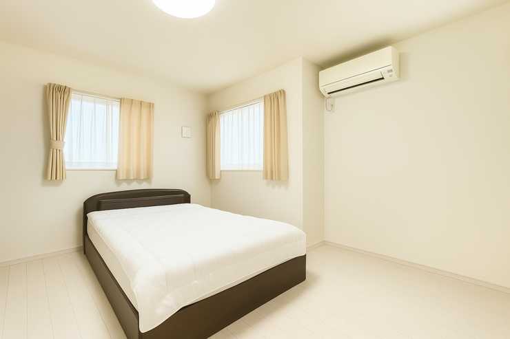 2面に設置されている窓には青く広がるきれいな空が見える、開放感のあるお部屋です。