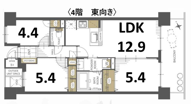 【間取り】
東向きのマンションです。特に午前中がとても明るい間取りです。