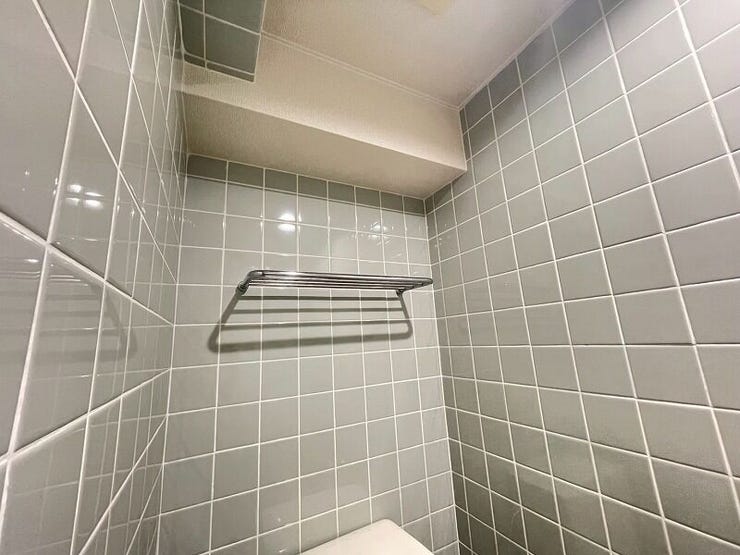 トイレ上には嬉しいコンパクトな収納棚付き