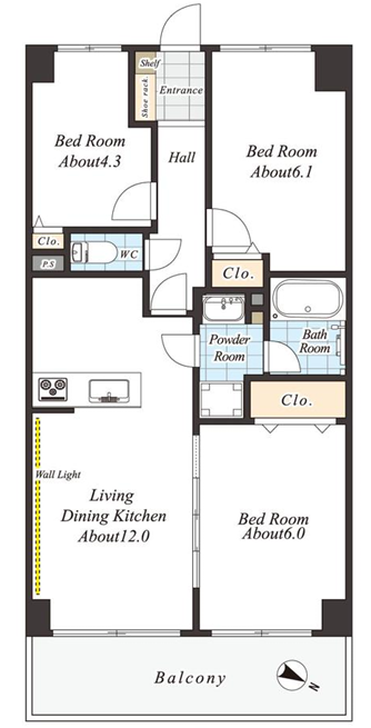 【間取り】
専有面積60.90平米、バルコニー面積8.70平米の3LDKの間取り