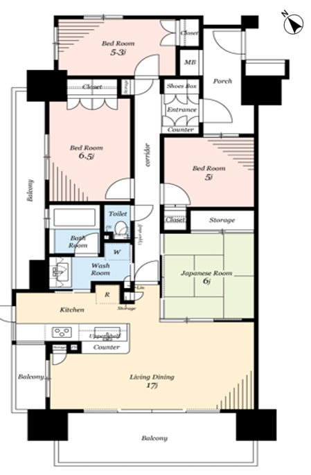 【間取り】
専有面積88.51平米、バルコニー面積22.00平米の4LDK