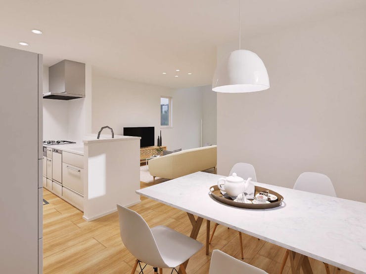 キッチンと水まわりをまとめた家事ラク動線。キッチンからドライルームや浴室へスムーズに行き来でき、毎日の家事も効率よくこなせます。